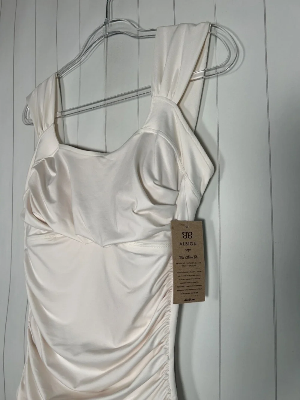 Albion size L off shoulder one piece swimsuit Ivory modest padded ruched NEW